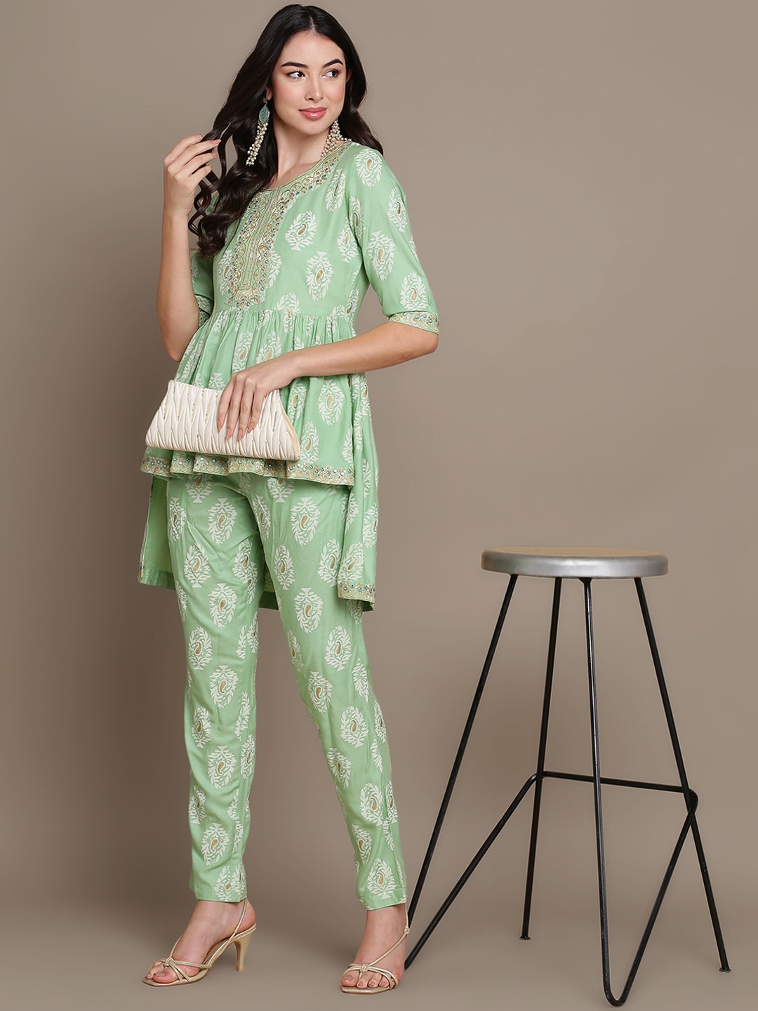 HERE&NOW Ethnic Motifs Embroidered Thread Work Sequinned High-Low Kurti with Trousers