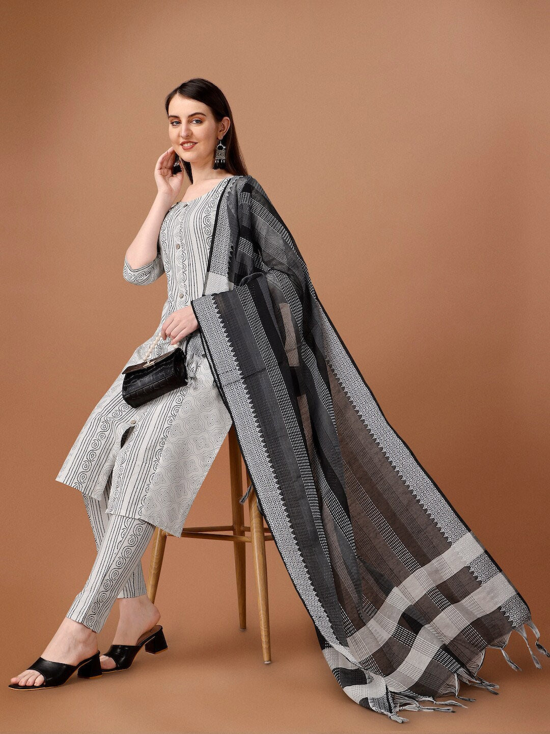 HERE&NOW White & Black Ethnic Motifs Printed Pure Cotton Kurta With Trousers & Dupatta