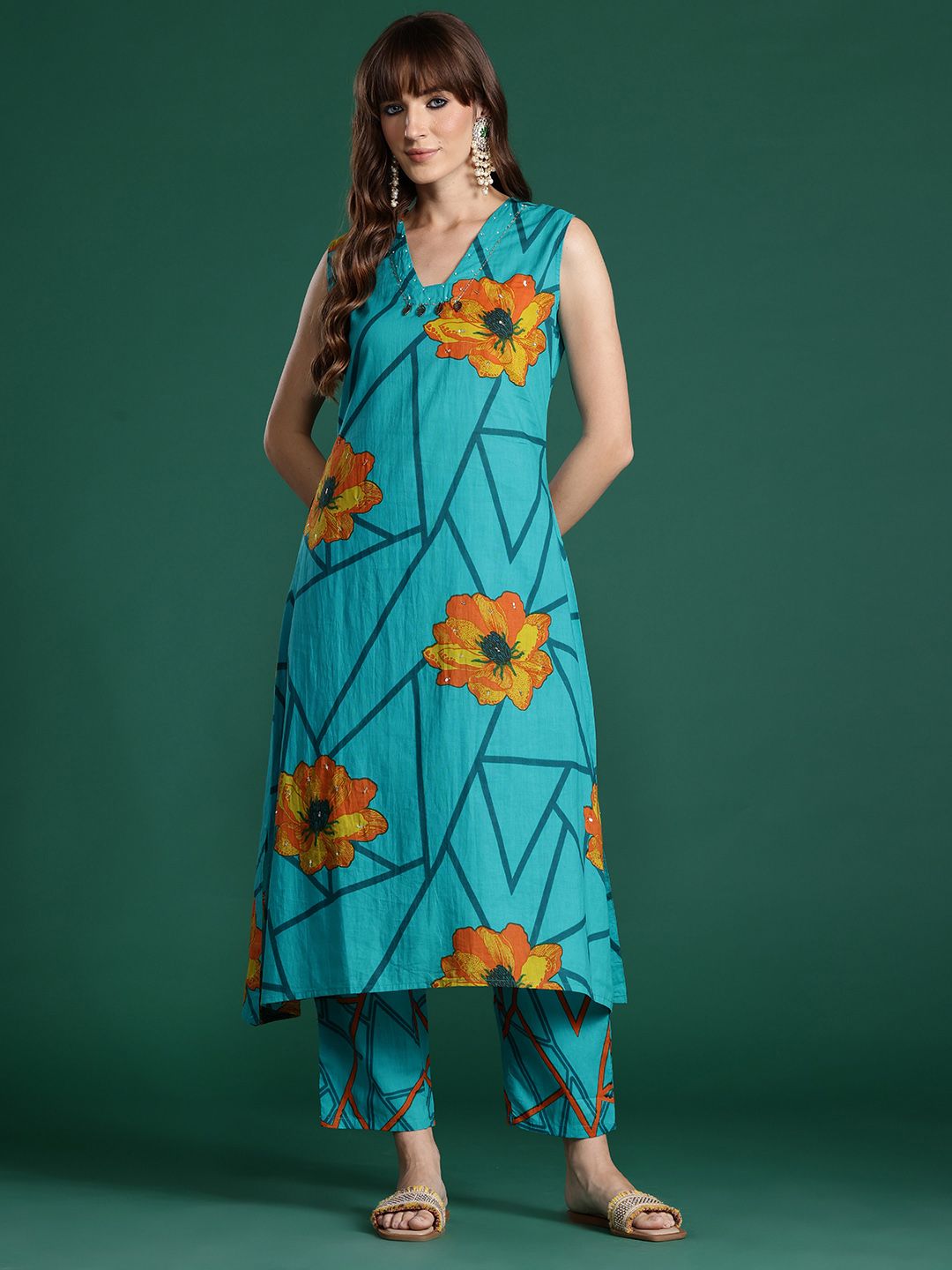 Indo Era Floral Printed Pure Cotton Kurta with Trousers