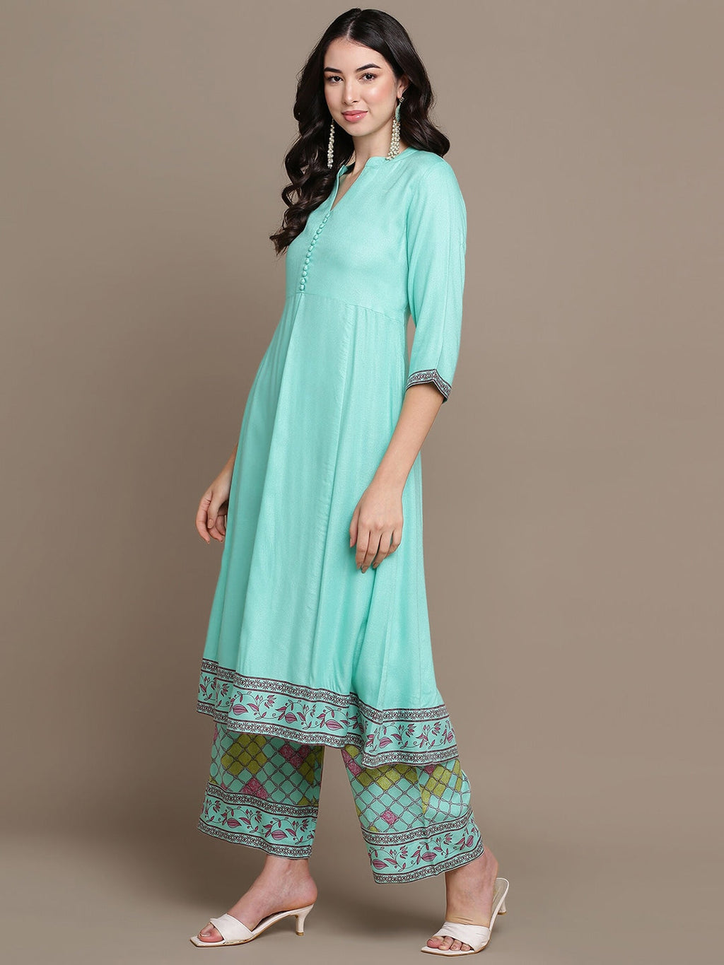 HERE&NOW Ethnic Motifs Printed Anarkali Kurta with Palazzos & Dupatta