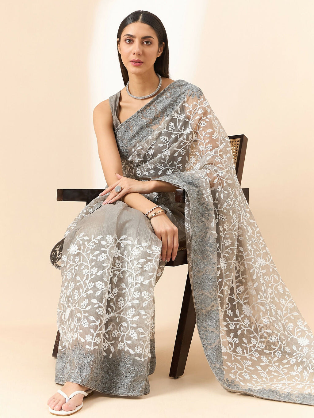 Grey Organza Floral Embroidered Saree with Unstitched Blouse Piece - Roozal