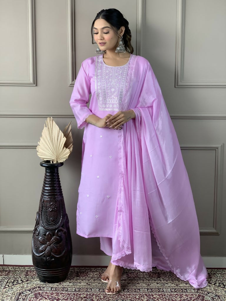 Lavender Viscose Chanderi Stitched Suit With Dupatta - Tanisha