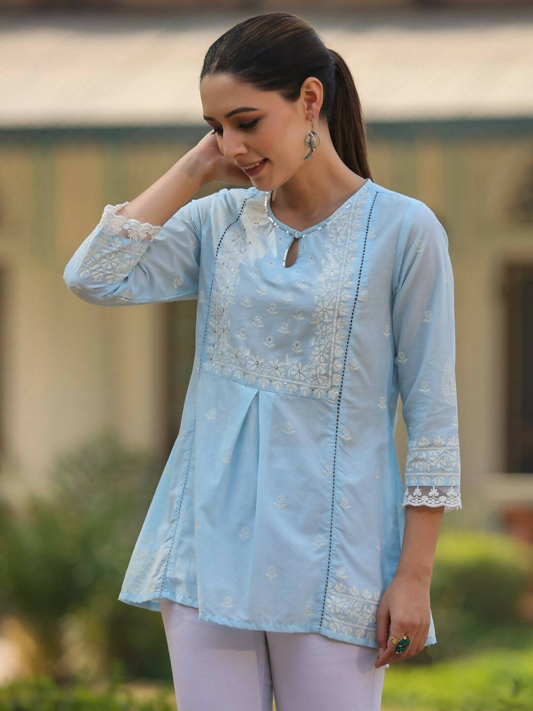 Juniper Women's Powderblue Cambric Floral Printed Tunic