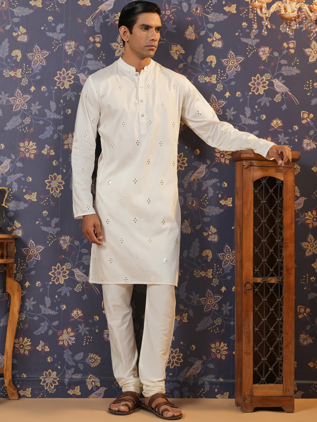 House of Pataudi Embroidered Mirror Work Straight Kurta With Pyjama