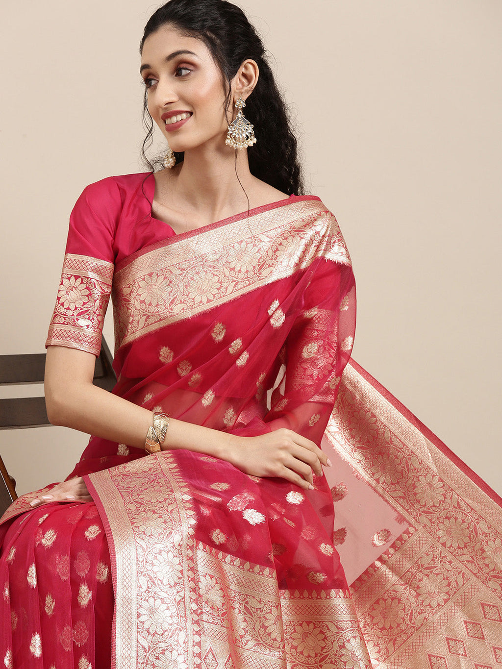Saree Mall Red Ethnic Motifs Zari Organza Banarasi Saree