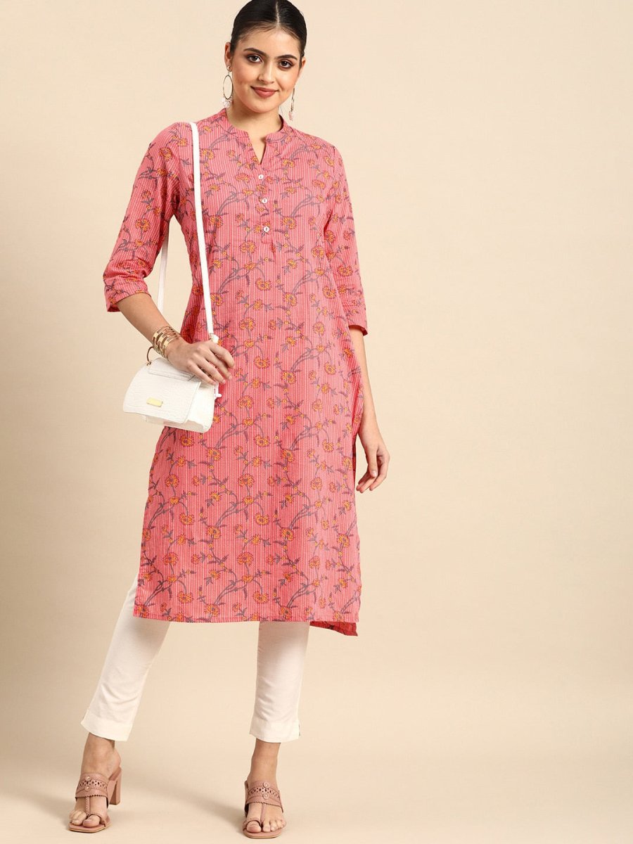 All About You Women Pink & Yellow Floral Printed Kurta