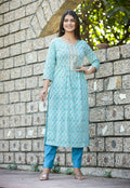 Kaajh Women's Sky Blue Floral Printed Cotton Kurta Pant Set