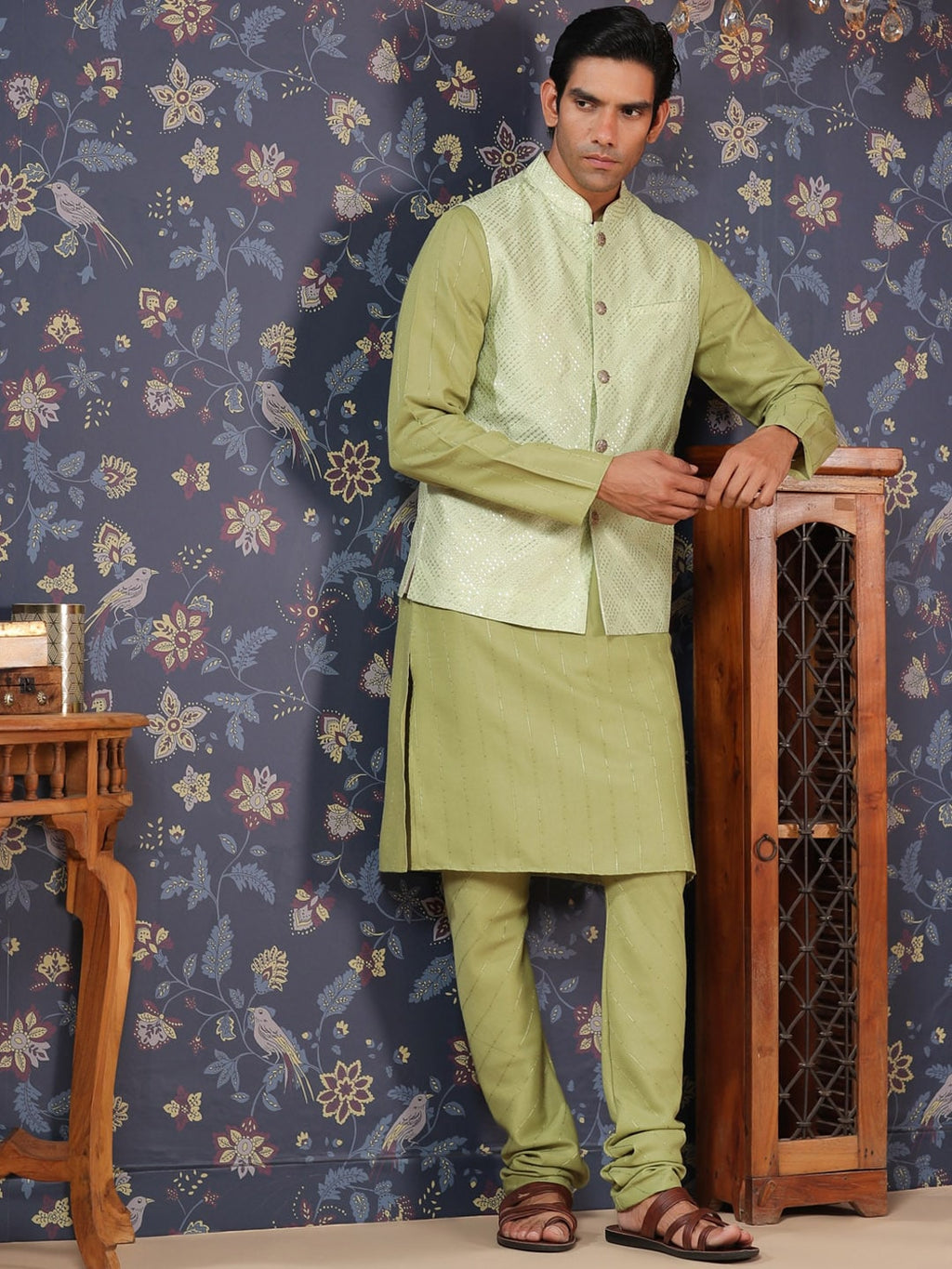House of Pataudi Straight Kurta With Pyjamas & Embroidered Sequin Work Nehru Jacket