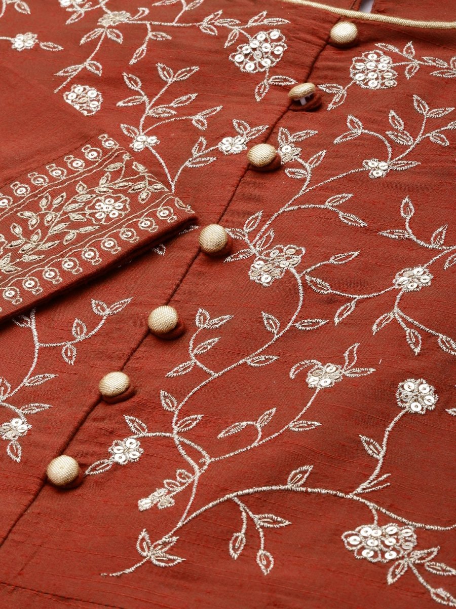 All About You Women Rust Embroidered Kurta with Trousers & Dupatta