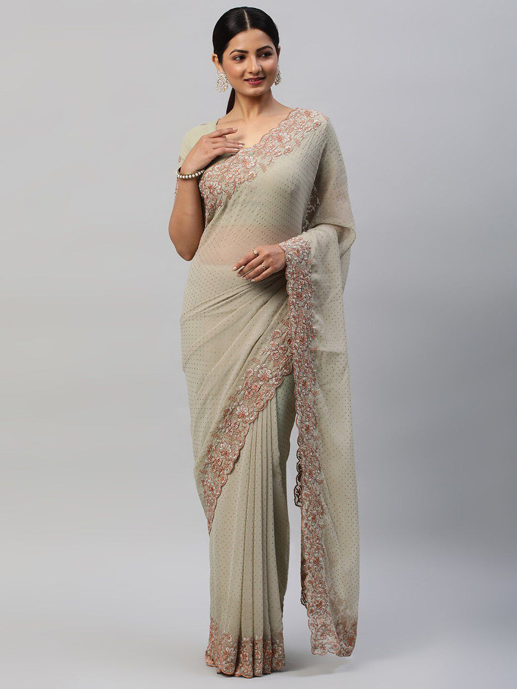 kasee Green Polka Dots Embroidered Saree