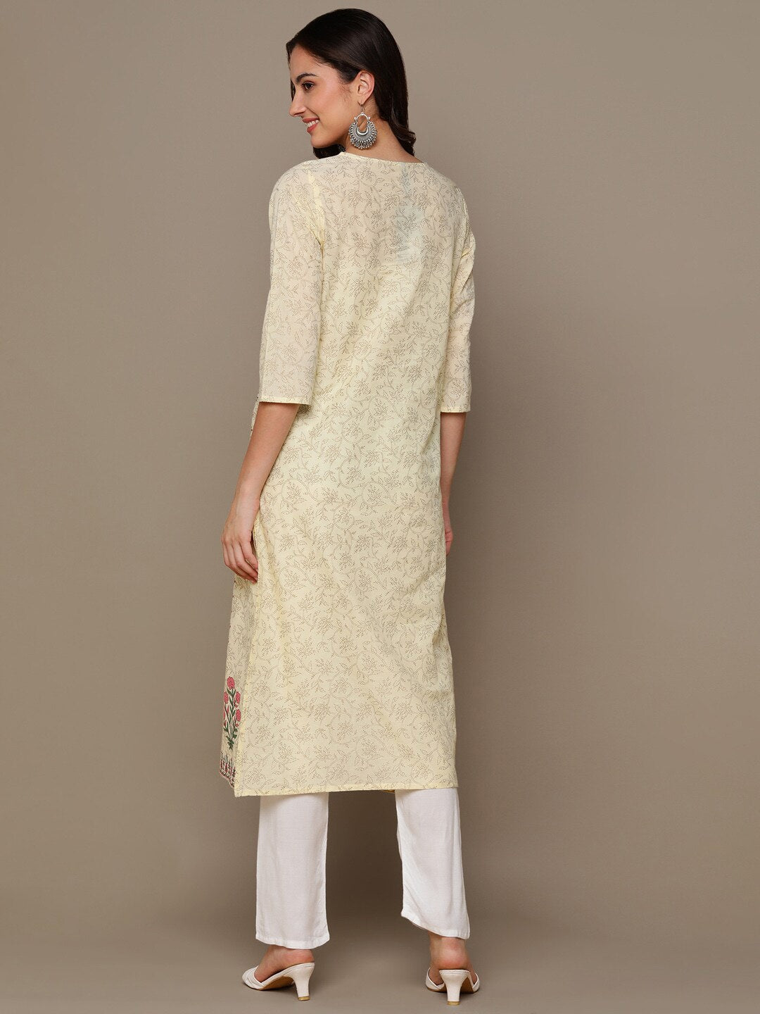 HERE&NOW Cream-Color & Pink Floral Printed Straight Kurta
