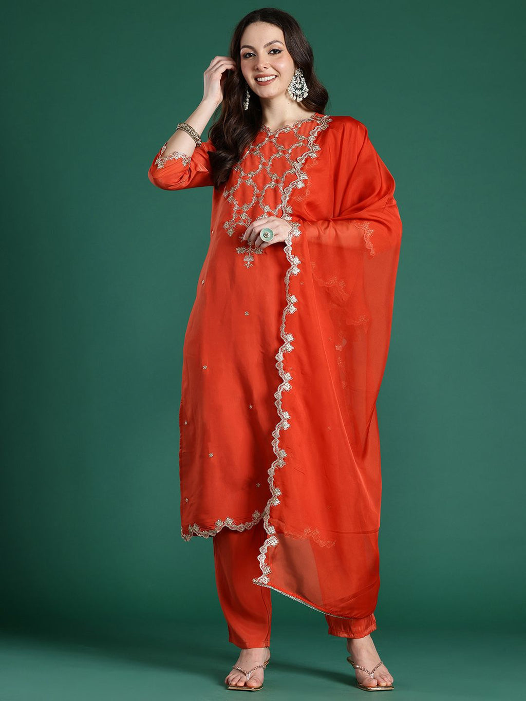 Indo Era Floral Embroidered Kurta with Trousers & With Dupatta