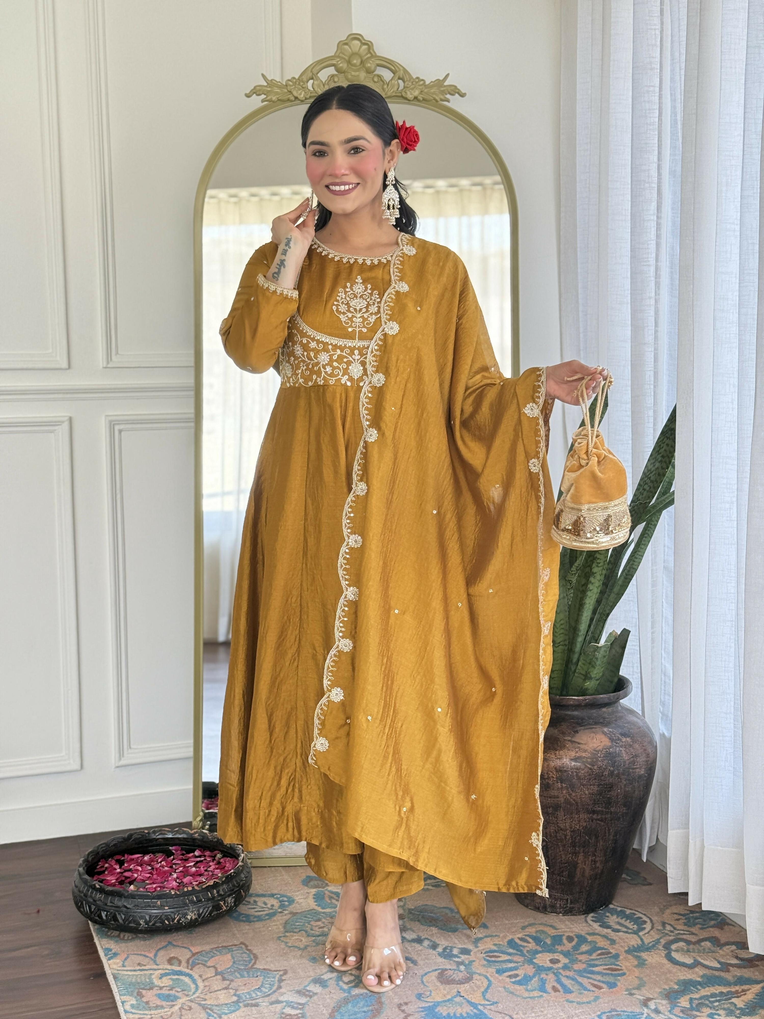 The52 Mustard Women's Gorgeous Embroidered Vichitra Silk Fabric Flared Kurta Pant with Dupatta Set
