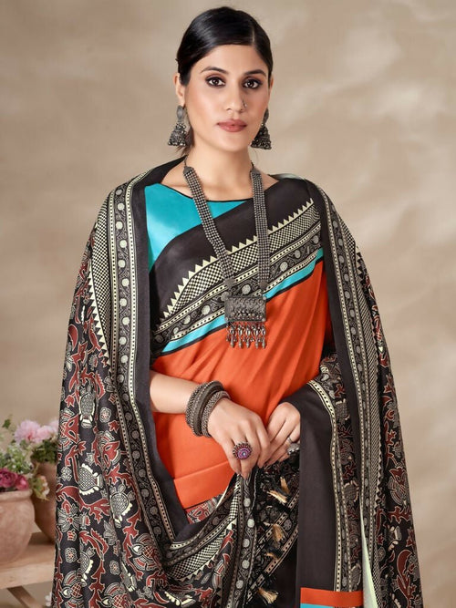 Aayaa Designer Winter Collection Printed Saree With Shawl - Multi Color