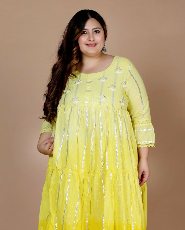 Miravan Women's Plus Size Cotton Embroidery And Lace Work Yellow Party Wear Anarkali Kurta