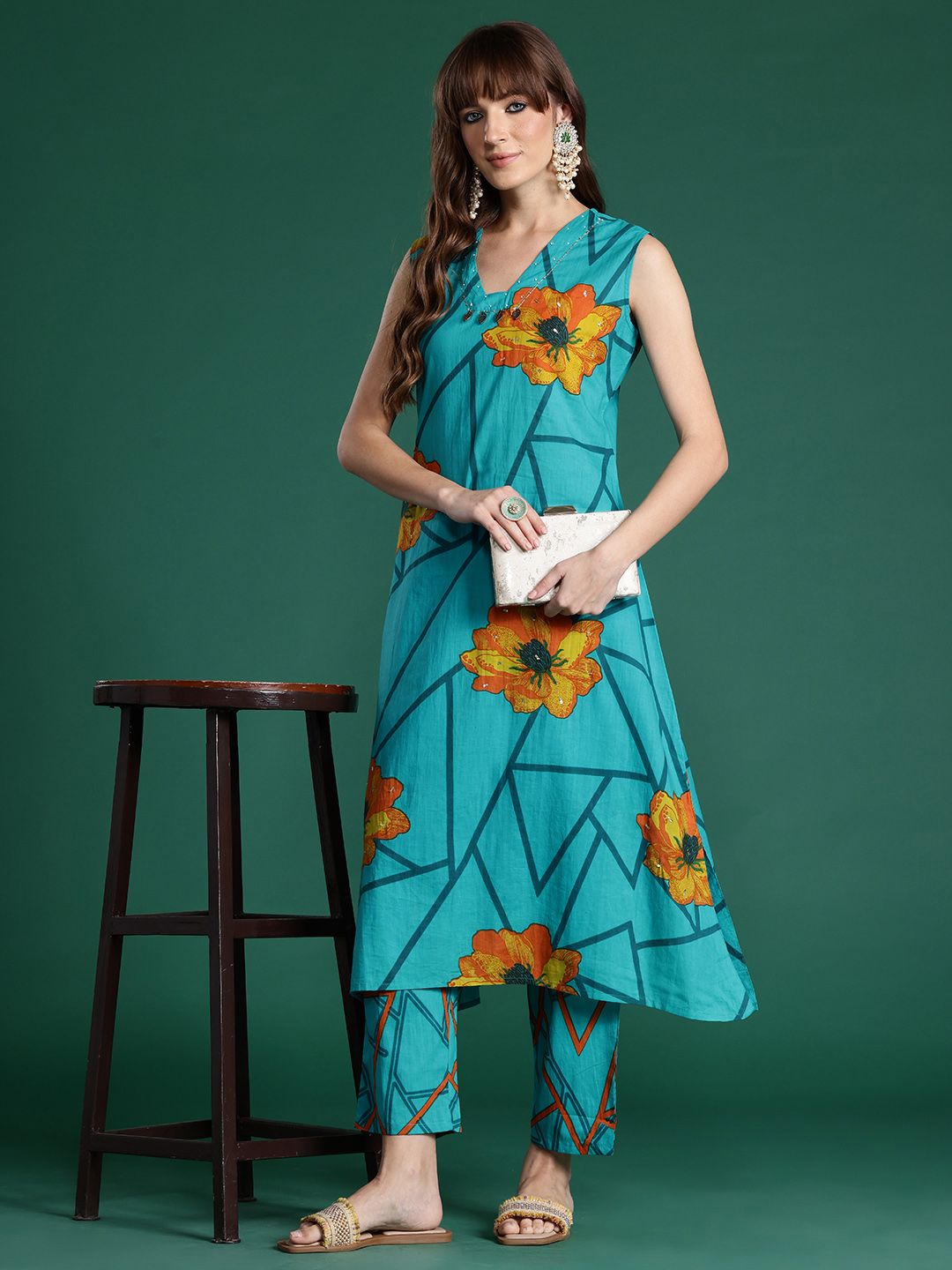 Indo Era Floral Printed Pure Cotton Kurta with Trousers