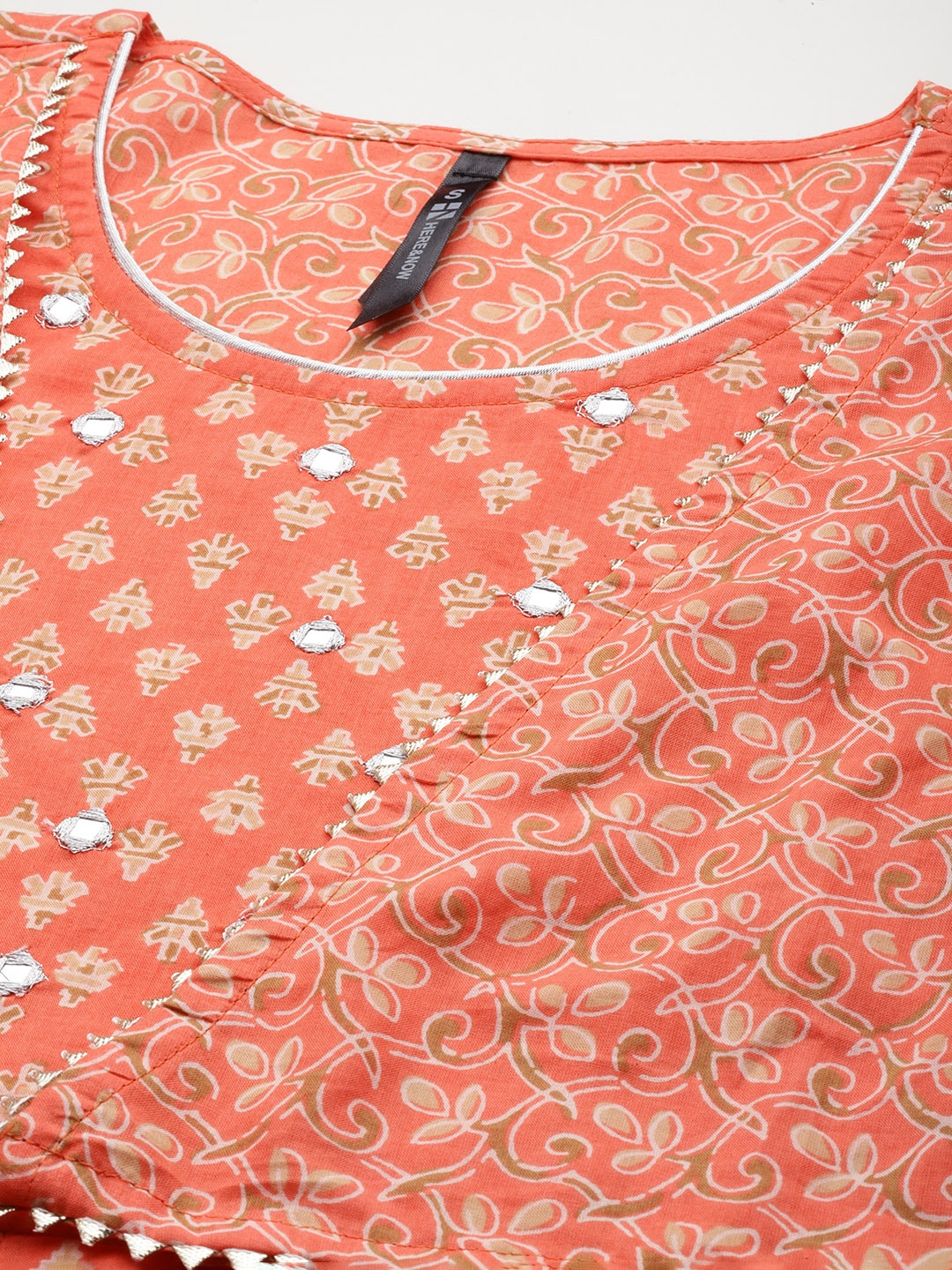 HERE&NOW Ethnic Motifs Print High Slit Cotton Kurta with Sharara