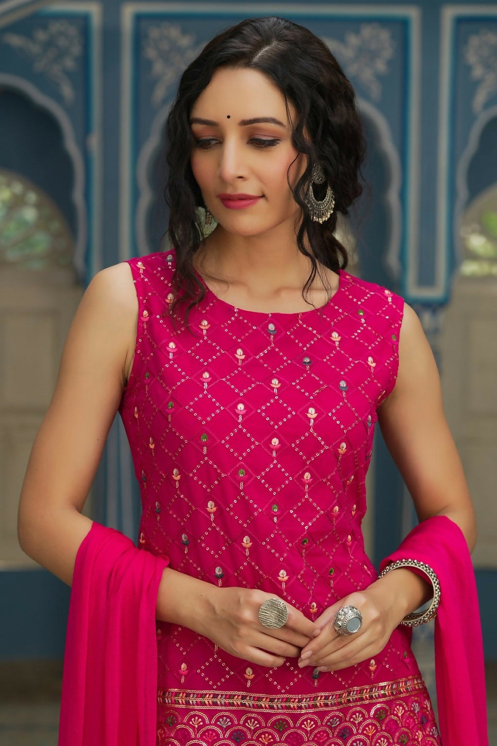 Juniper Ethnic Motif Printed Georgette Kurta Sharara & Chiffon Dupatta Set With Thread Work Embroidery