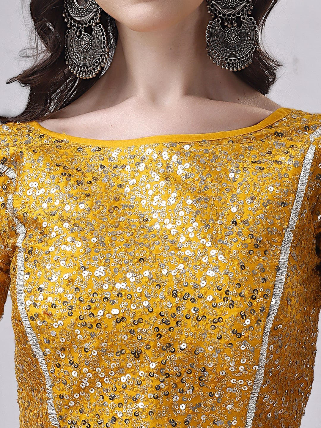 Tikhi Imli Yellow Embellished Boat Neck Sequinned Detailed Saree Blouse