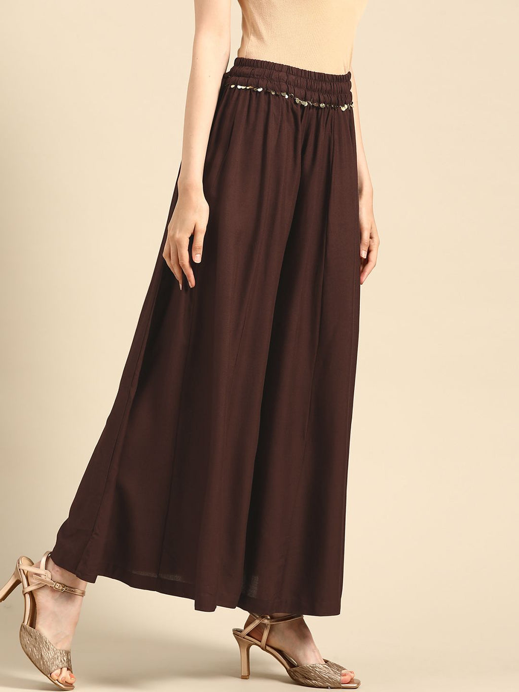 TAG 7 Women Coffee Brown Solid Flared Palazzos