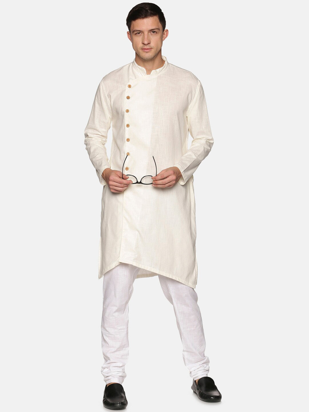 Sethukrishna Men Off White Angrakha Pure Cotton Kurta with Churidar