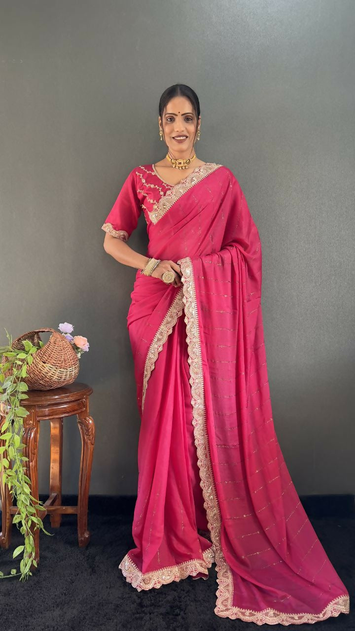 Vastranavya Pink Georgette Silk Swarovski & Heavy Lace Work Ready to Wear Saree