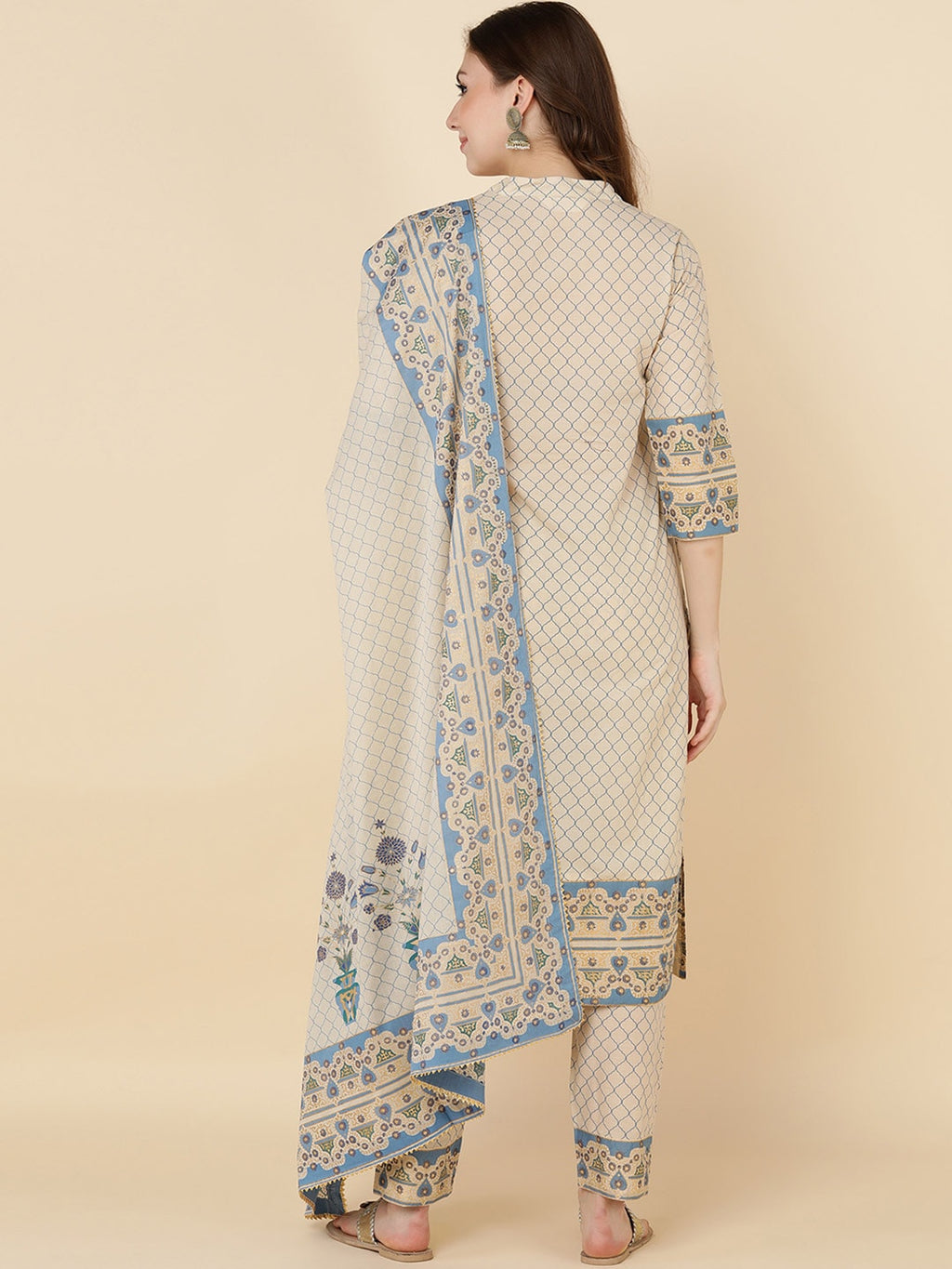 HERE&NOW Women Beige Floral Printed Pure Cotton Kurta with Trousers & With Dupatta