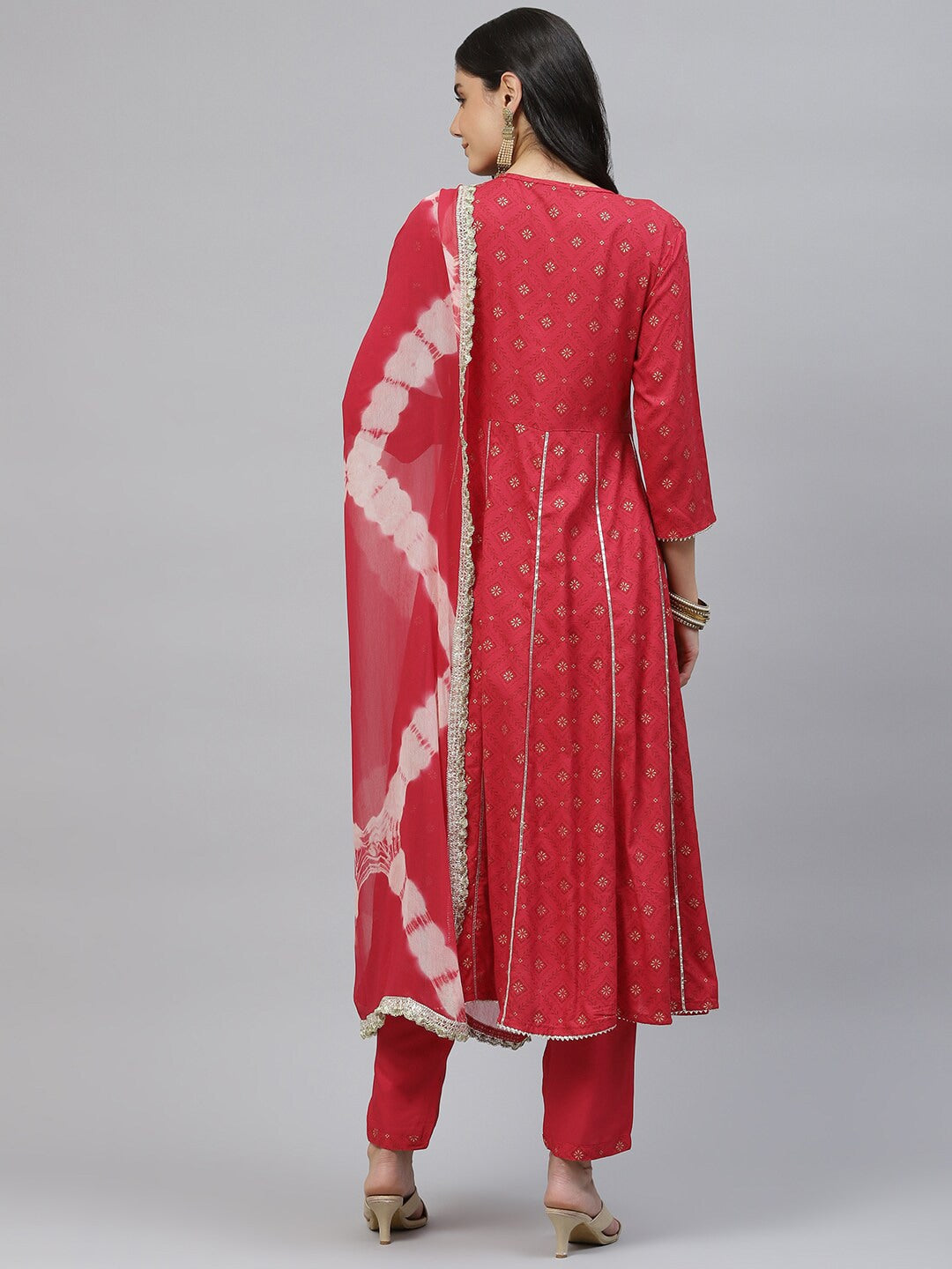 HERE&NOW Women Red Floral Printed Panelled Thread Work Kurta with Trouser & Dupatta