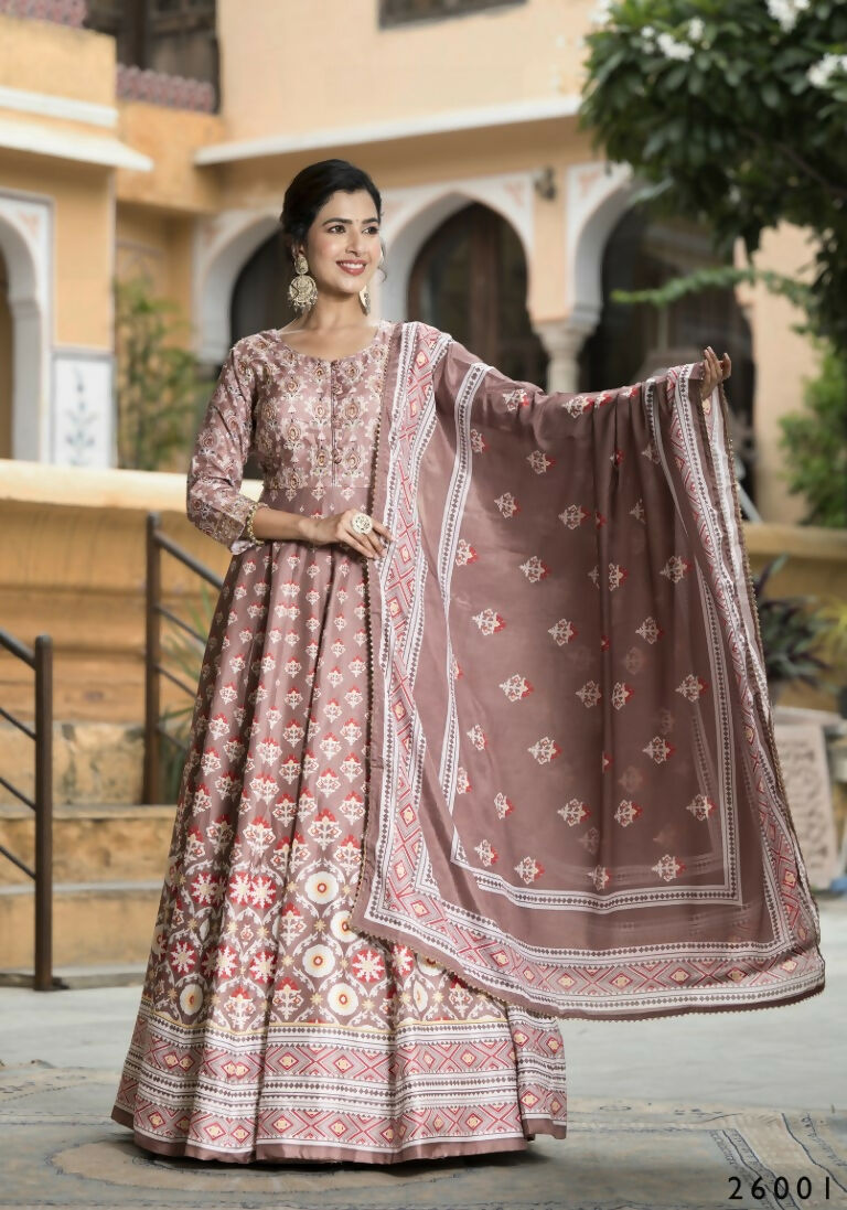 Wedding Designer PaleMauve Soft Dola Silk Anarkali suit with Dupatta - Samanta