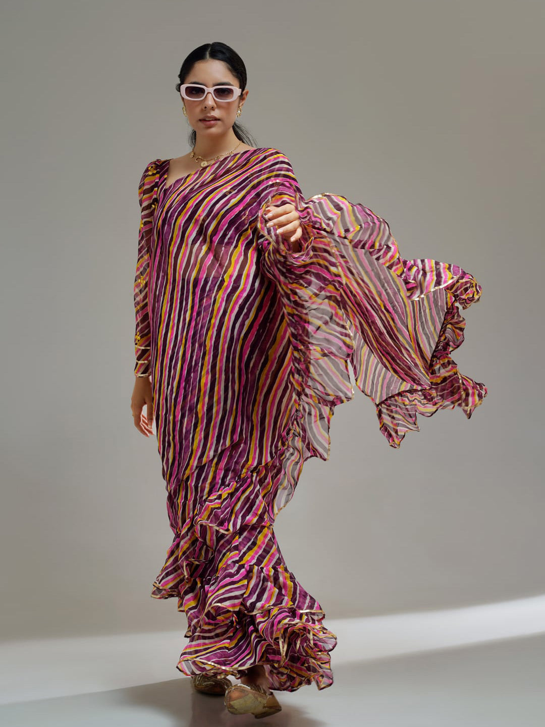 Tikhi Imli Brown Striped Ruffled Ready To Wear Saree