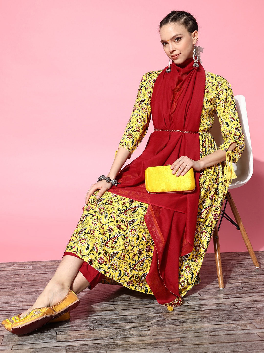 HERE&NOW Yellow & Red Ethnic Motifs Print Parade Anarkali Kurta with Trousers & Dupatta