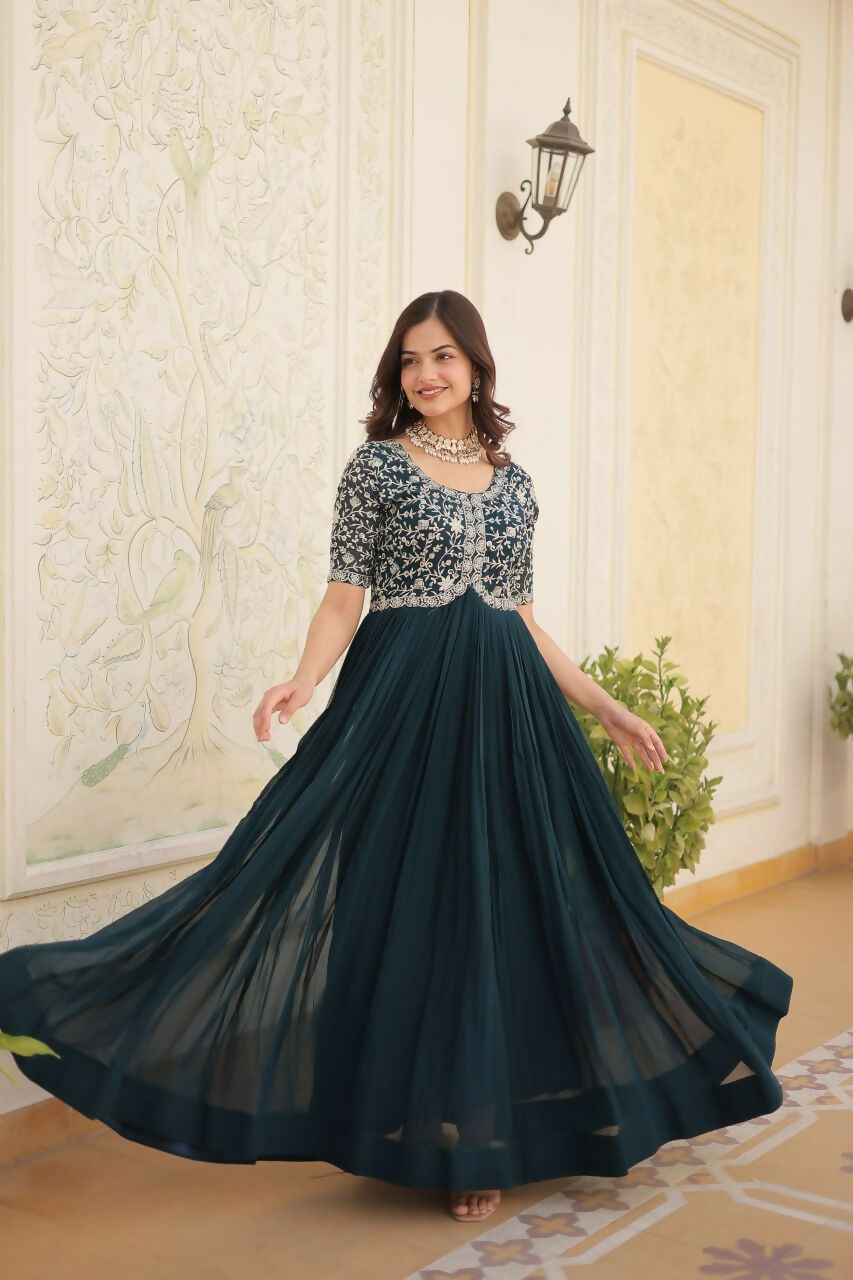 Vastranavya Faux Blooming with Embroidery Zari Sequins-work Gown - Teal