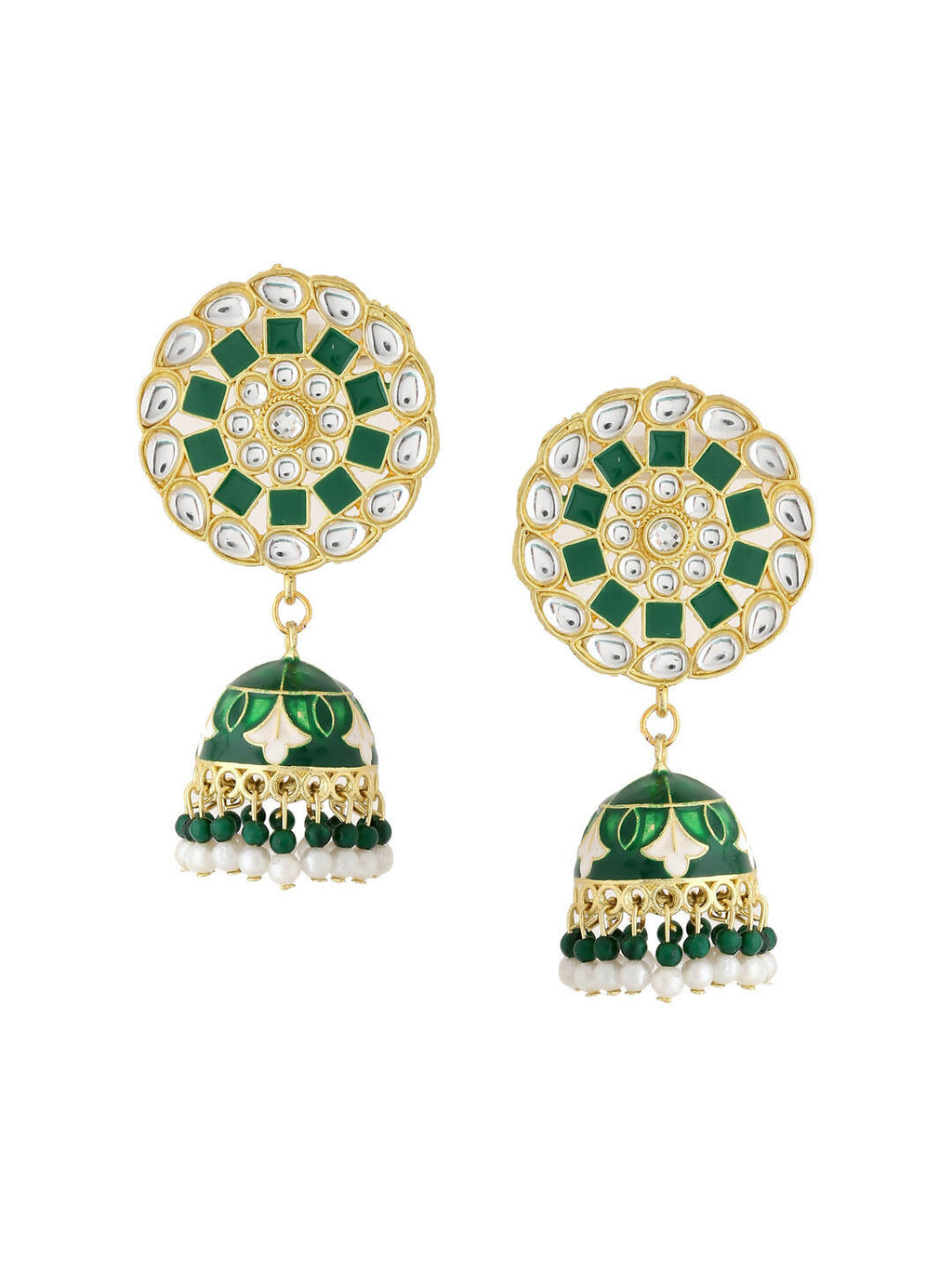 NVR Women Gold-Polished Green Dome Shaped Meenkari Jhumkas Earrings