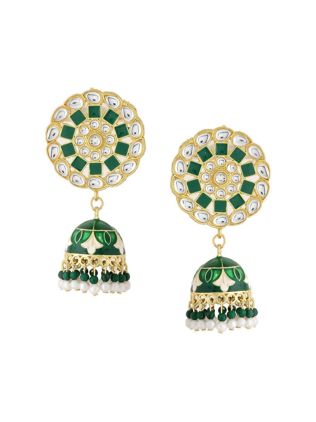 NVR Women Gold-Polished Green Dome Shaped Meenkari Jhumkas Earrings