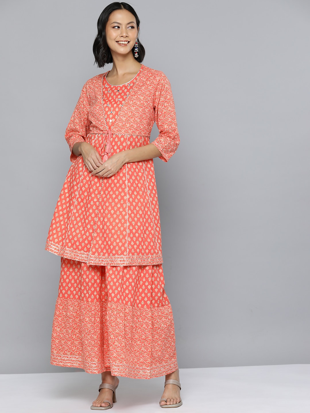 HERE&NOW Ethnic Motifs Print High Slit Cotton Kurta with Sharara