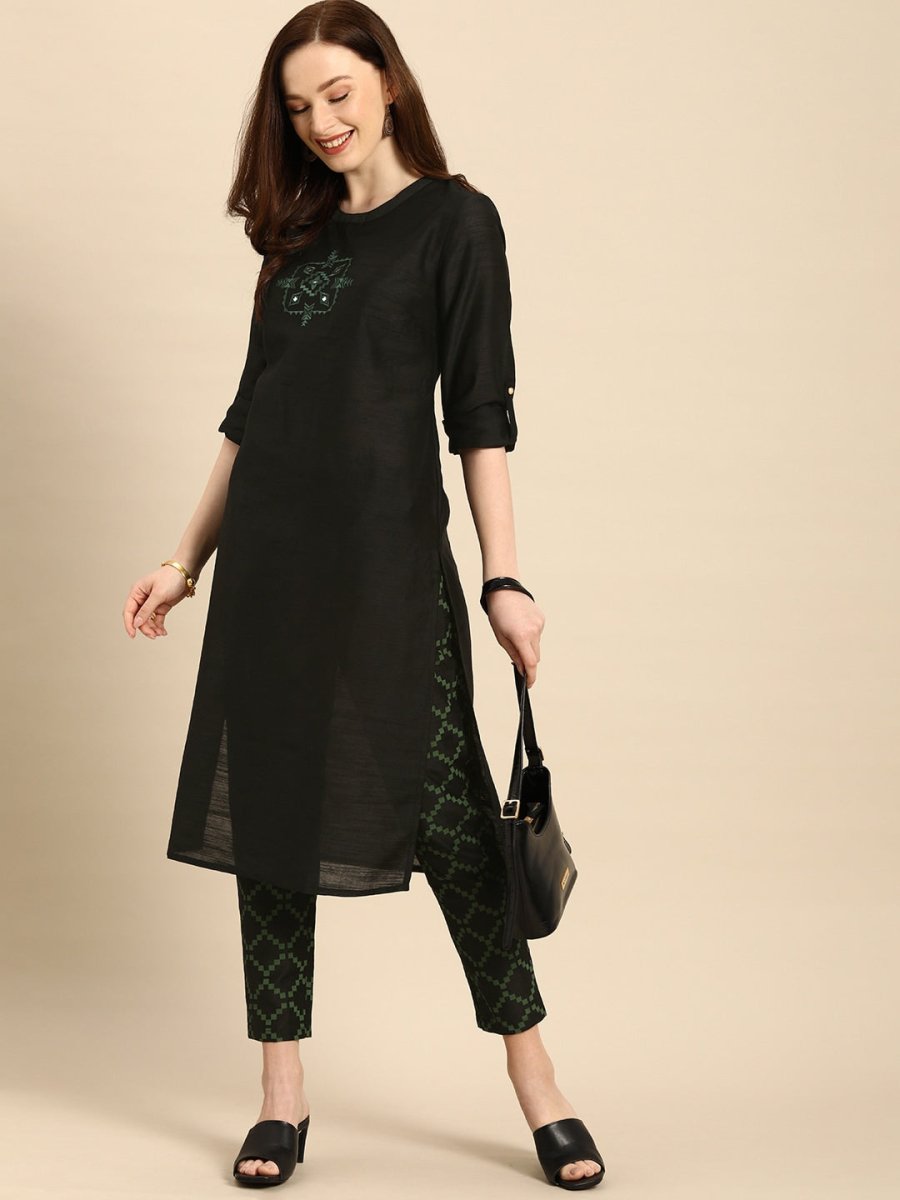 All About You Women Black & Green Embroidered Kurta with Trousers