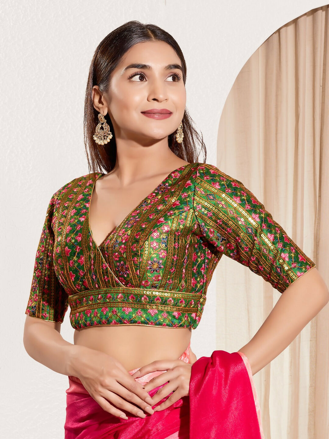 Joban Fashion Bottle Green Mulberry Silk Padded Blouse With V Neck Elbow Sleeves