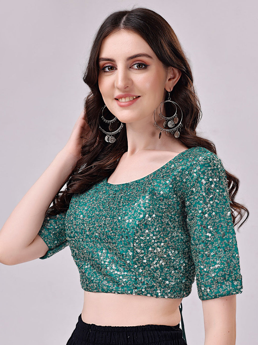 Tikhi Imli Teal Blue Embellished Sequinned Detailed Saree Blouse
