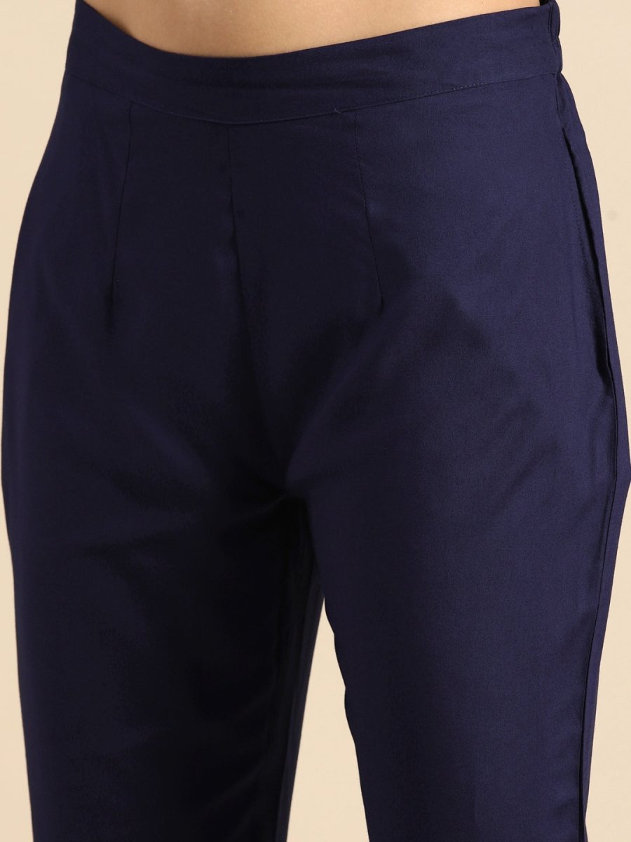 All About You Women Navy Blue Embroidered Kurta with Trousers