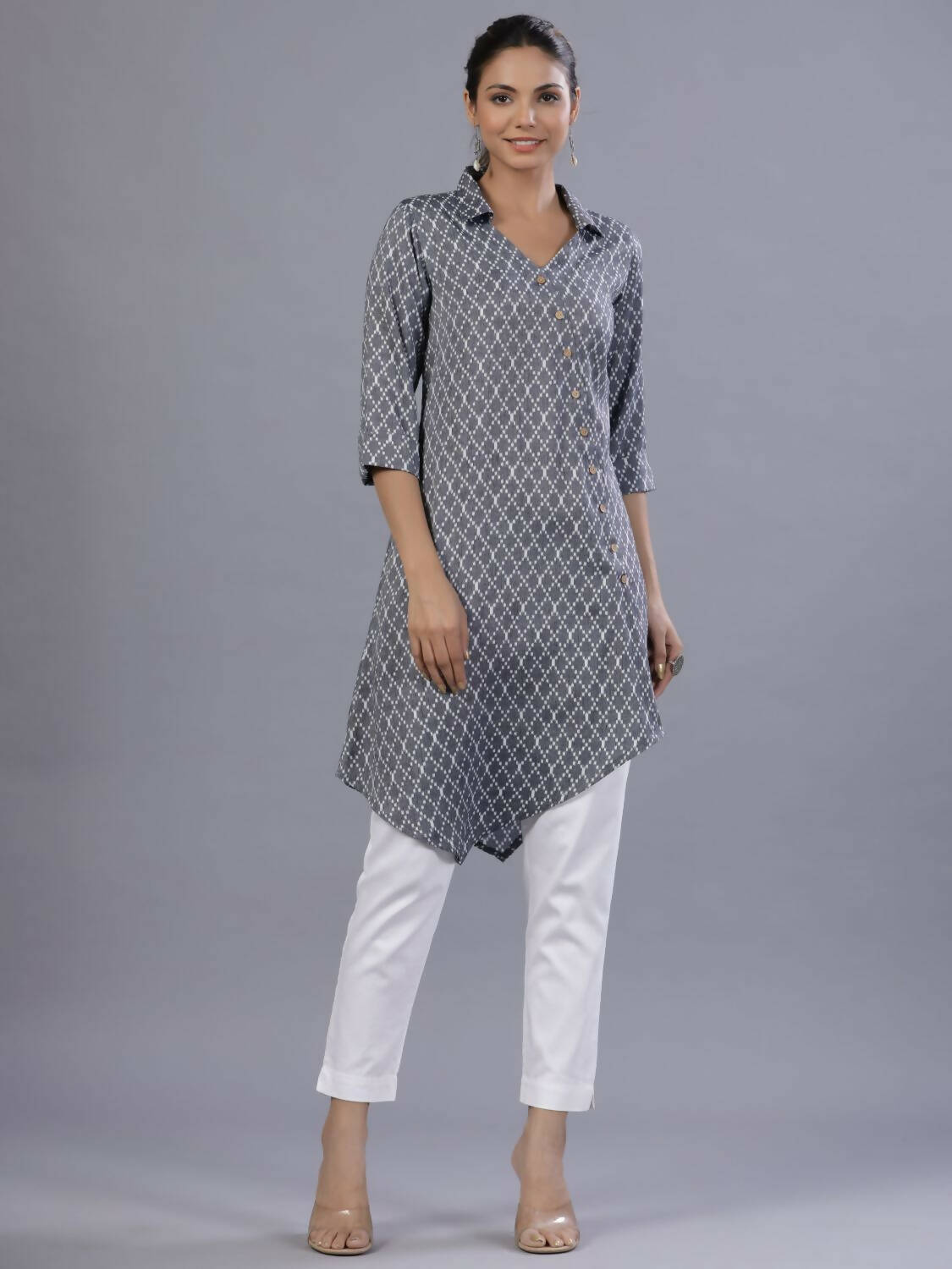 Juniper Women Blue Rayon Printed Asymmetric Kurta