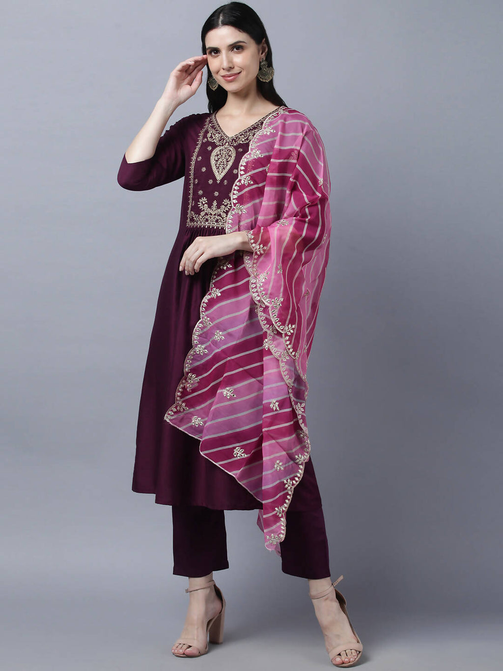Myshka Stylish Maroon 3/4 Sleeve Women's Kurta Pant with Dupatta Set