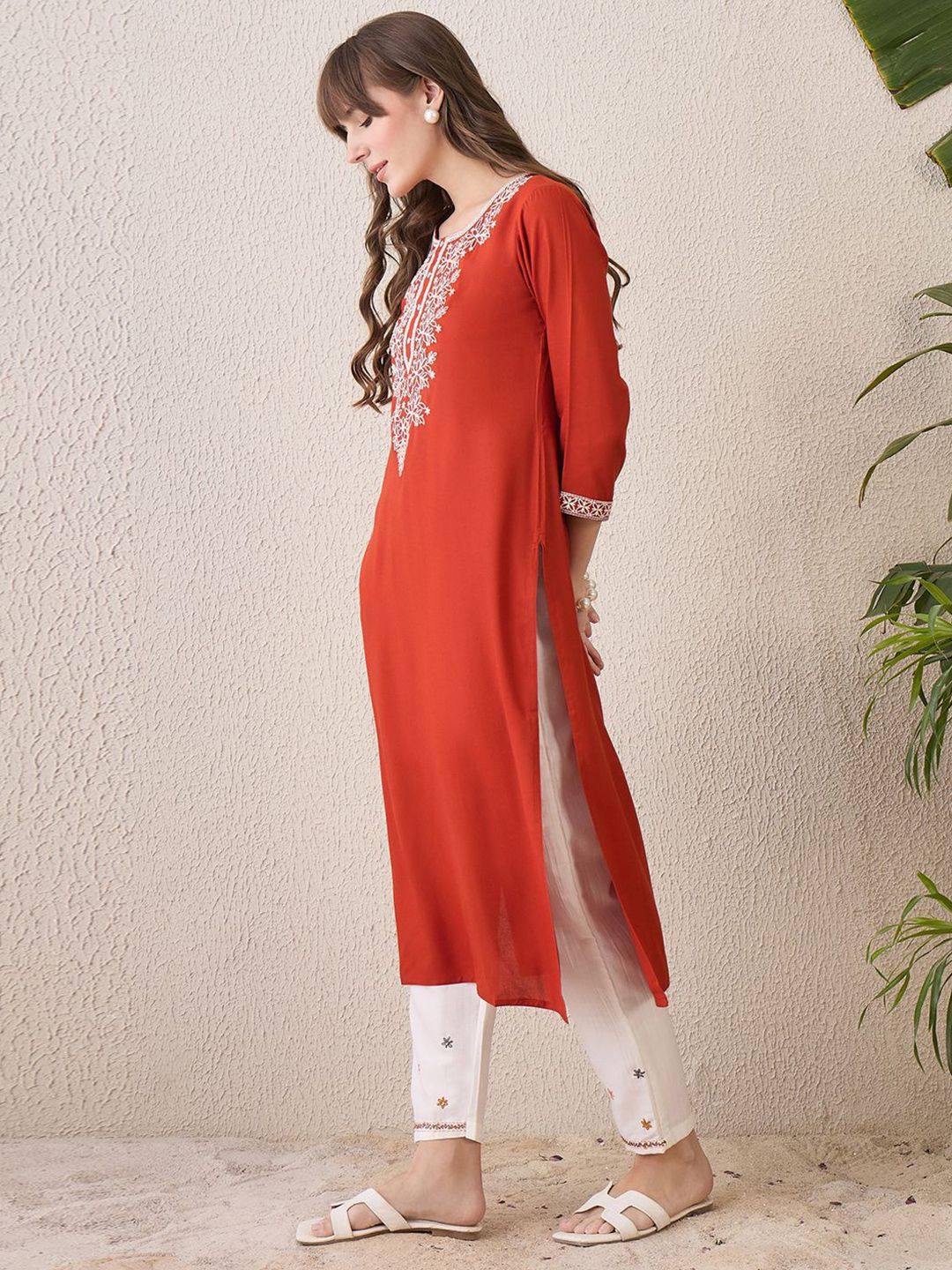 Indo Era Floral Yoke Design Thread Work Cotton Straight Kurta