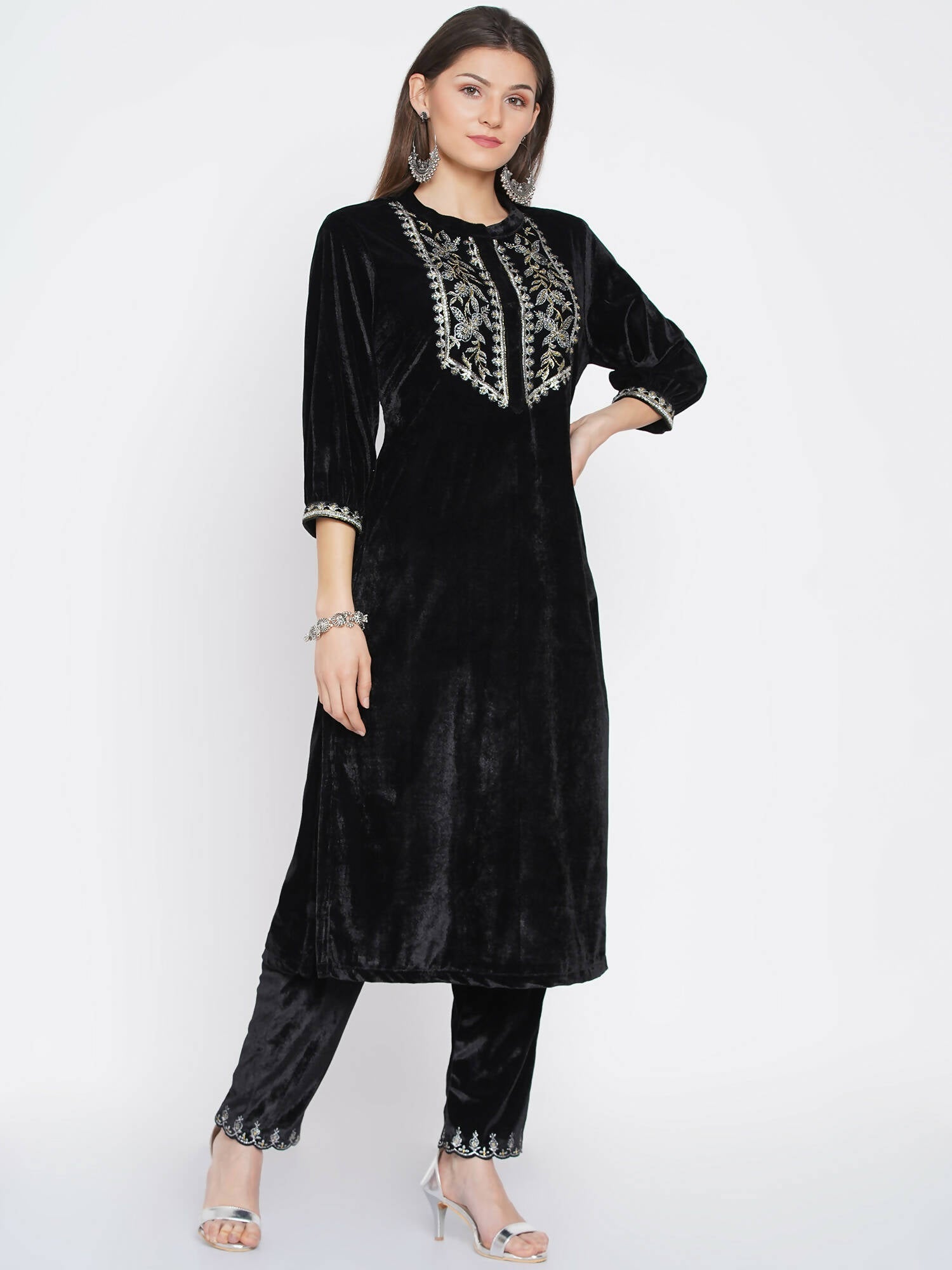 Women Republic Black Velvet Embroidered Kurta With Pants