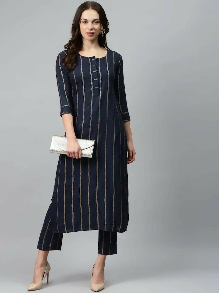 Vamika Printed Rayon Blue Party Wear/Casual Wear Kurta Set/Suit
