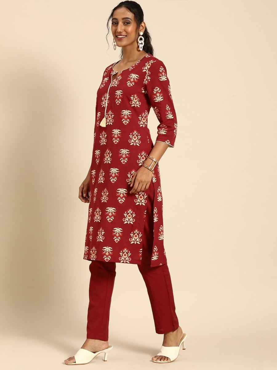 All About You Women Red Floral Printed Pure Cotton Regular Kurta with Trousers