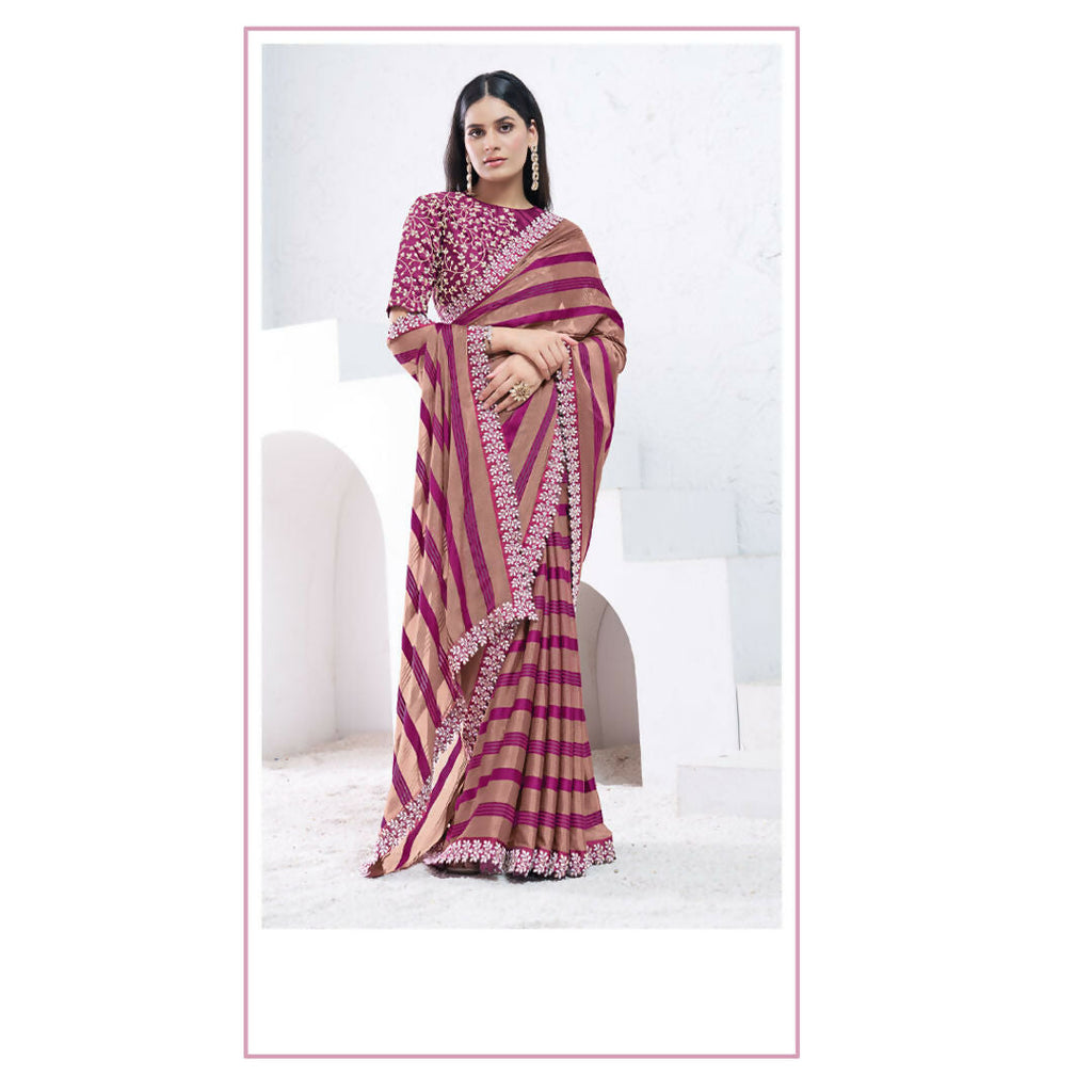 Brown & Purple Pattern Georgette Moti With Hand Work Saree With Unstitched Blouse - Norita Swaraa