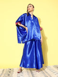 InWeave Women's Blue Pink Brocade Satin Boho Kurta Palazzo Set