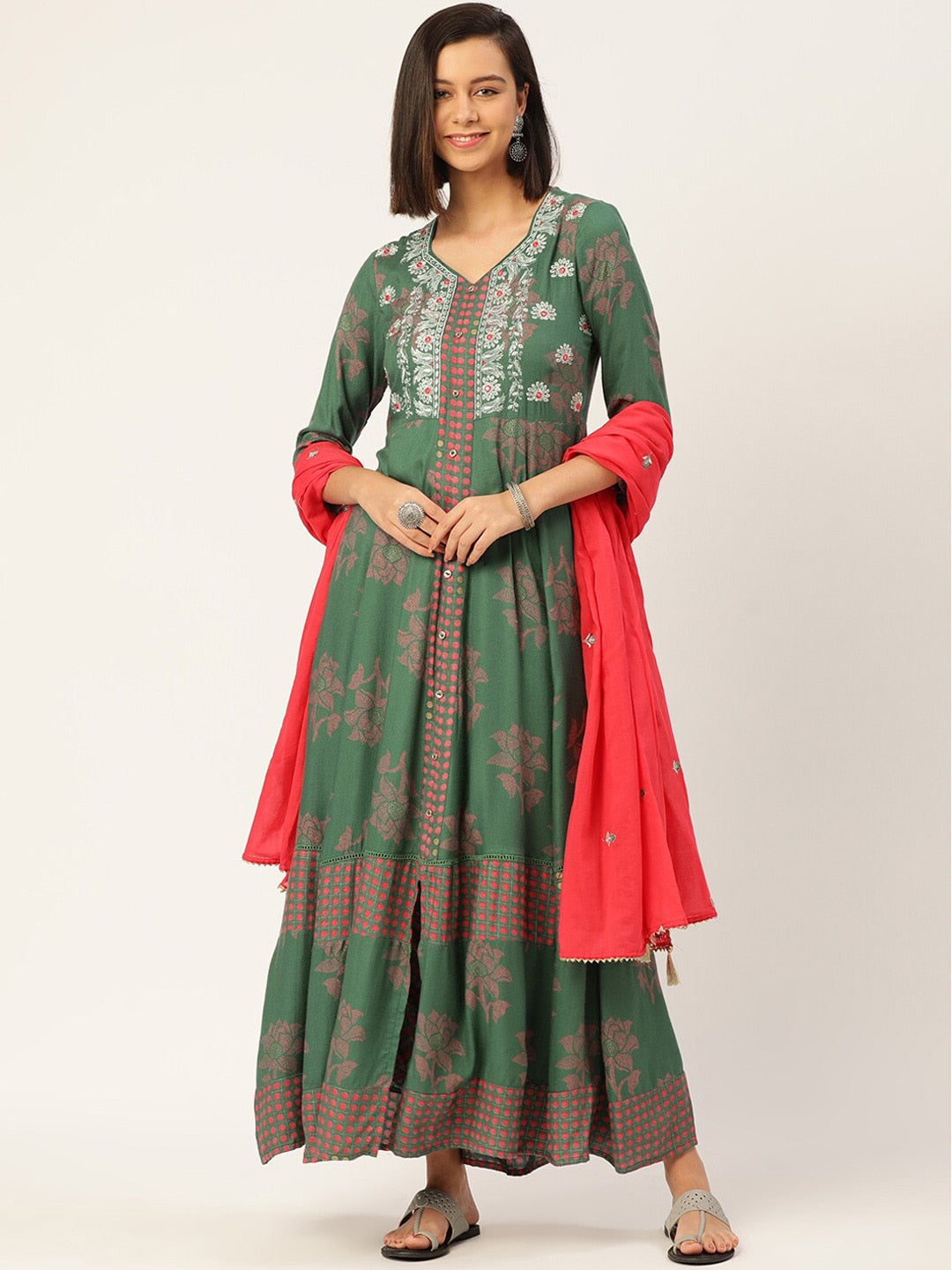 HERE&NOW Women Embroidered Kurta with Trousers & With Dupatta