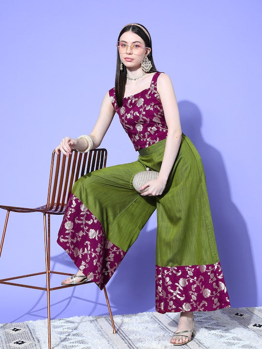 InWeave Women's Wine Brocade Strappy Top W Olive Wine Brocade Palazzo Set