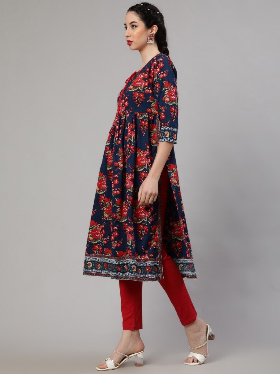 Aks Floral Printed Tie-Up Neck Pleated Cotton A-Line Kurta